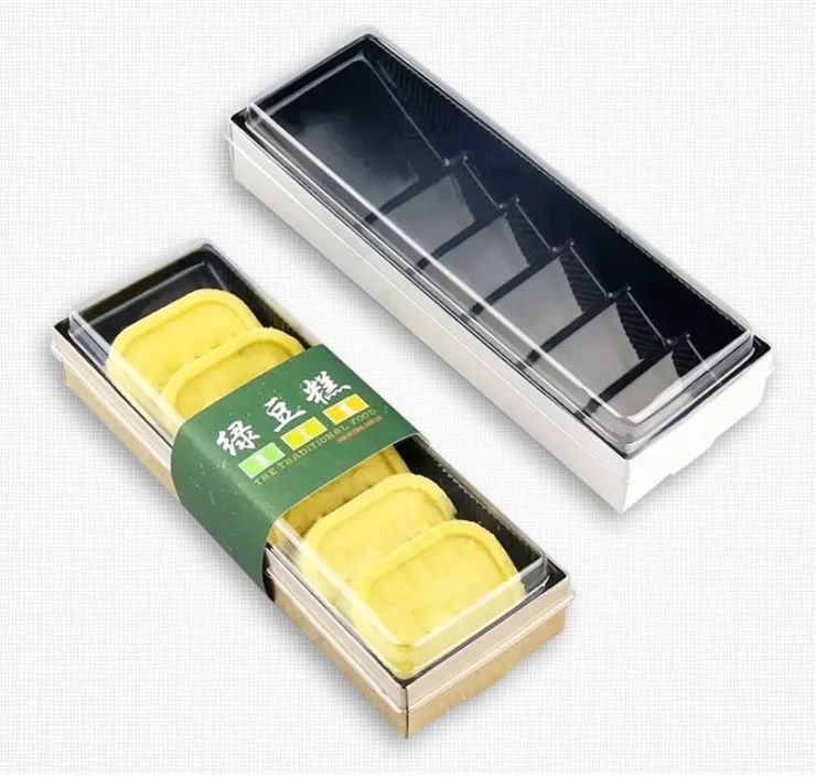 

100pcs Paper Rectangle Gift Boxes with Clear PET Lid Nougats Snowflake Cookies Crisp Green Bean Cake Packing Box WB276