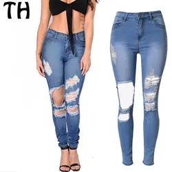 2016 Slim Fit Тощий эластичный отверстие Рваные джинсы Femme Панталоны vaqueros Mujer модные джинсовые брюки Высокая Талия Джинсы для женщин Для женщин