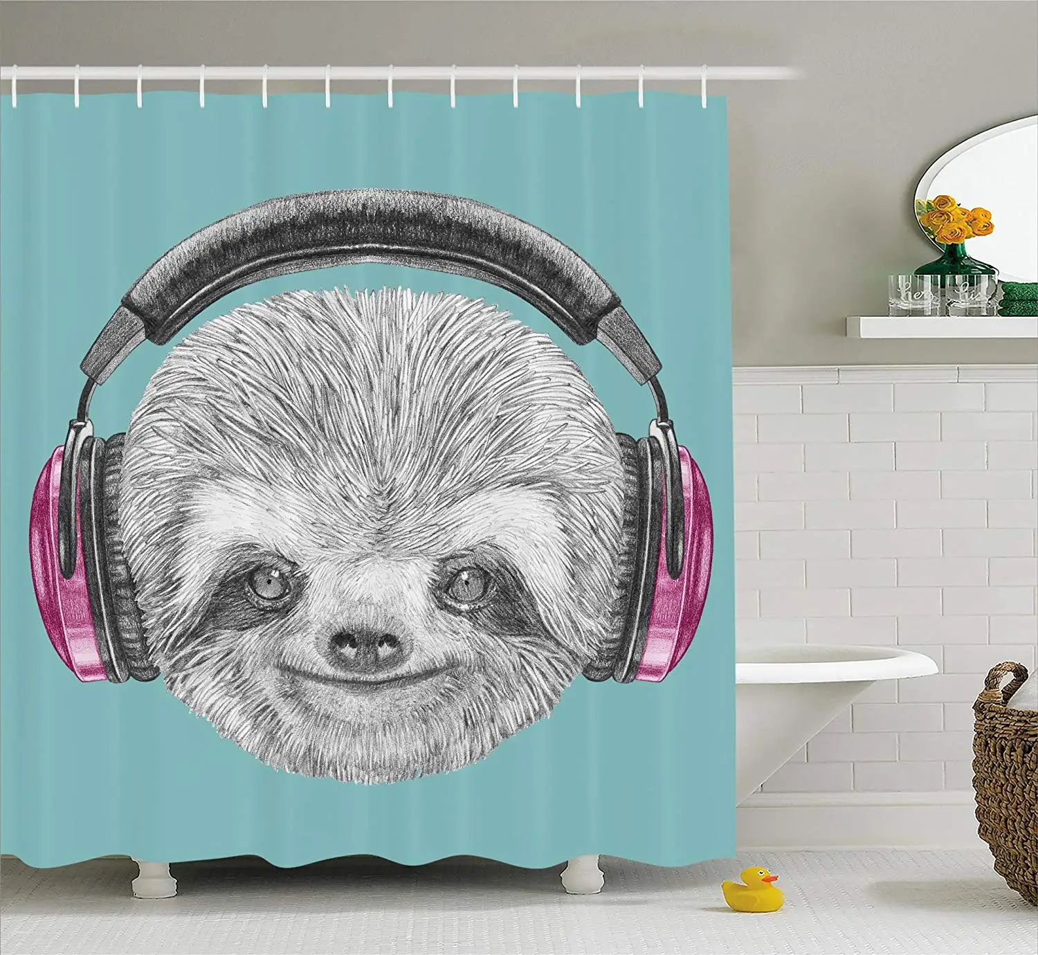 Sloth Shower Curtain by DJ Sloth Portrait with Headphones Funny Modern