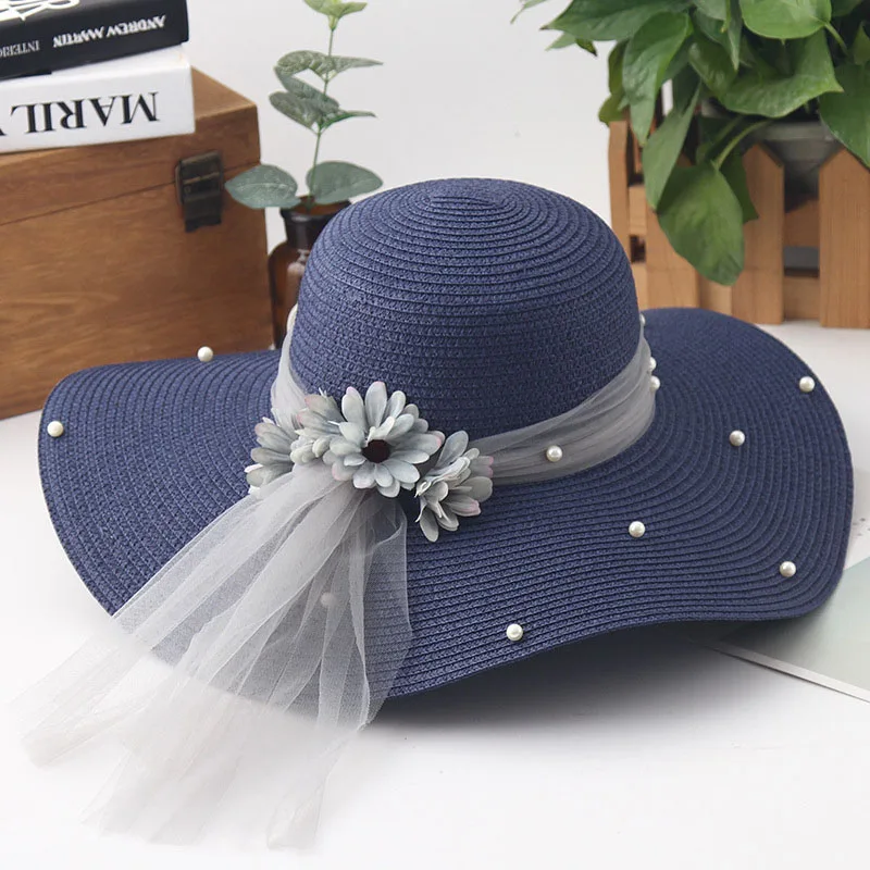 Women Flower Foldable Straw Hat Fashion Pearl Mesh Cap Summer Ladies Wide Wave Brim Beach Hats Handmade Sun Caps CP0221 (4)