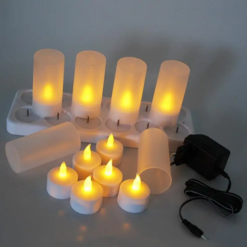EU/US/UK Plug 12 Bases Light Rechargeable Flickering Flameless Tealight