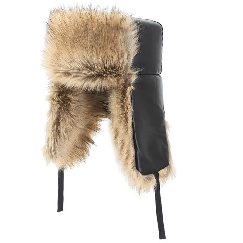 

Warm Ushanka Russian Hat Mens Winter Faux Fur Hat with Ear Flats Windproof Thermal Cold Weather Skiing Hunting Black Brown 58cm