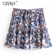 TXJRH богемный поток расположение цветочный принт мини плиссированная юбка оборки Праздничная Женская шнуровка поток талии Короткая Юбка-миди
