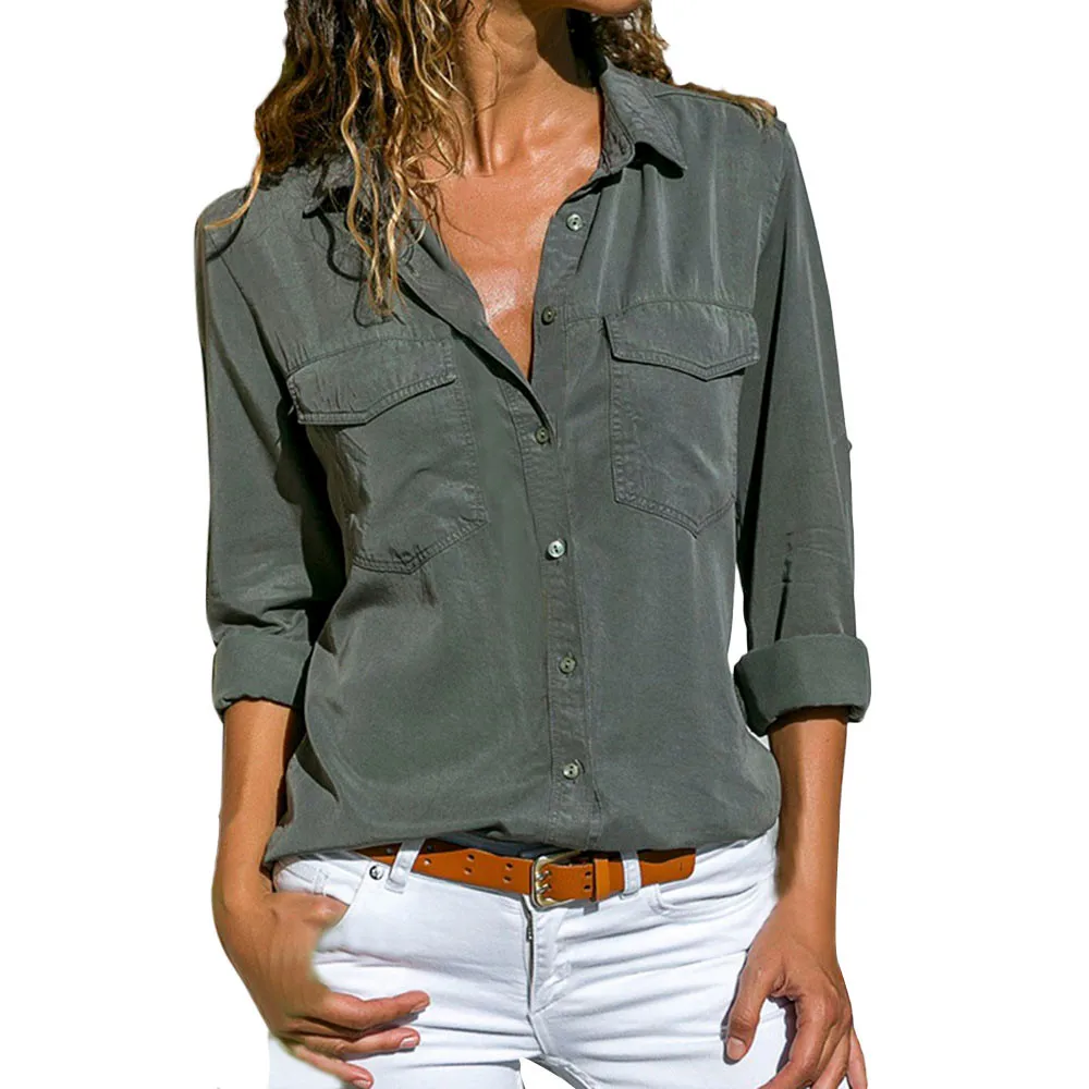 Женская блузка с длинным рукавом и отложным воротником, с карманами, на пуговицах спереди, женские топы, футболка, женская рубашка большого размера, Новинка - Цвет: Army Green