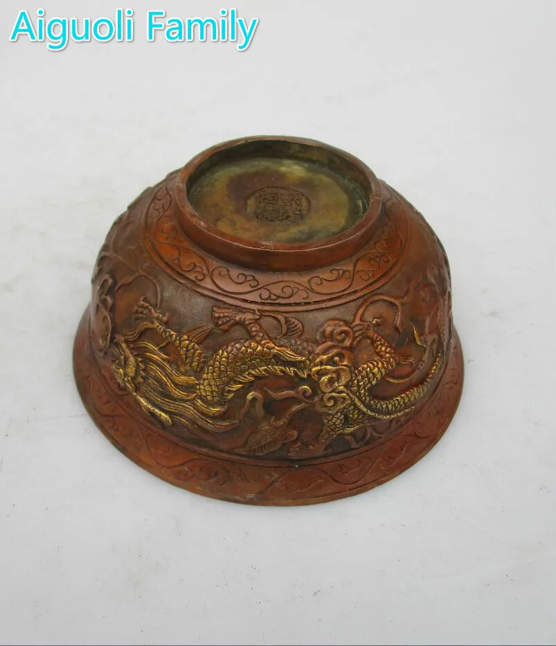 

Asian Antique Old Copper Gilt Style Hand Carved Dragon Bowl Statue/Rare Chinese Qing/Ming Dynasty Bowl