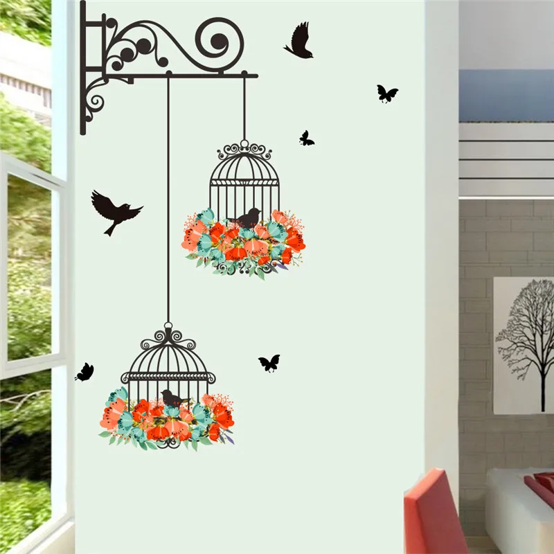 Наклейка на стену клетка для птицы с летающей черной птицей цветной Садовый