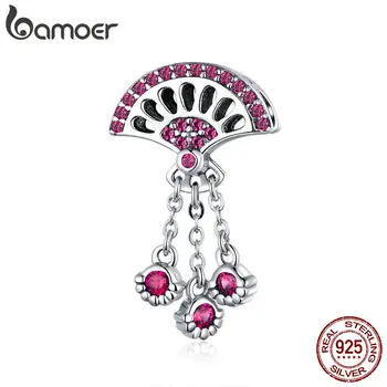 

BAMOER Vintage New 925 Sterling Silver Fan Shape Pink Cubic Zircon Charms Pendant fit Charms Bracelets Bangles Jewelry SCC1070