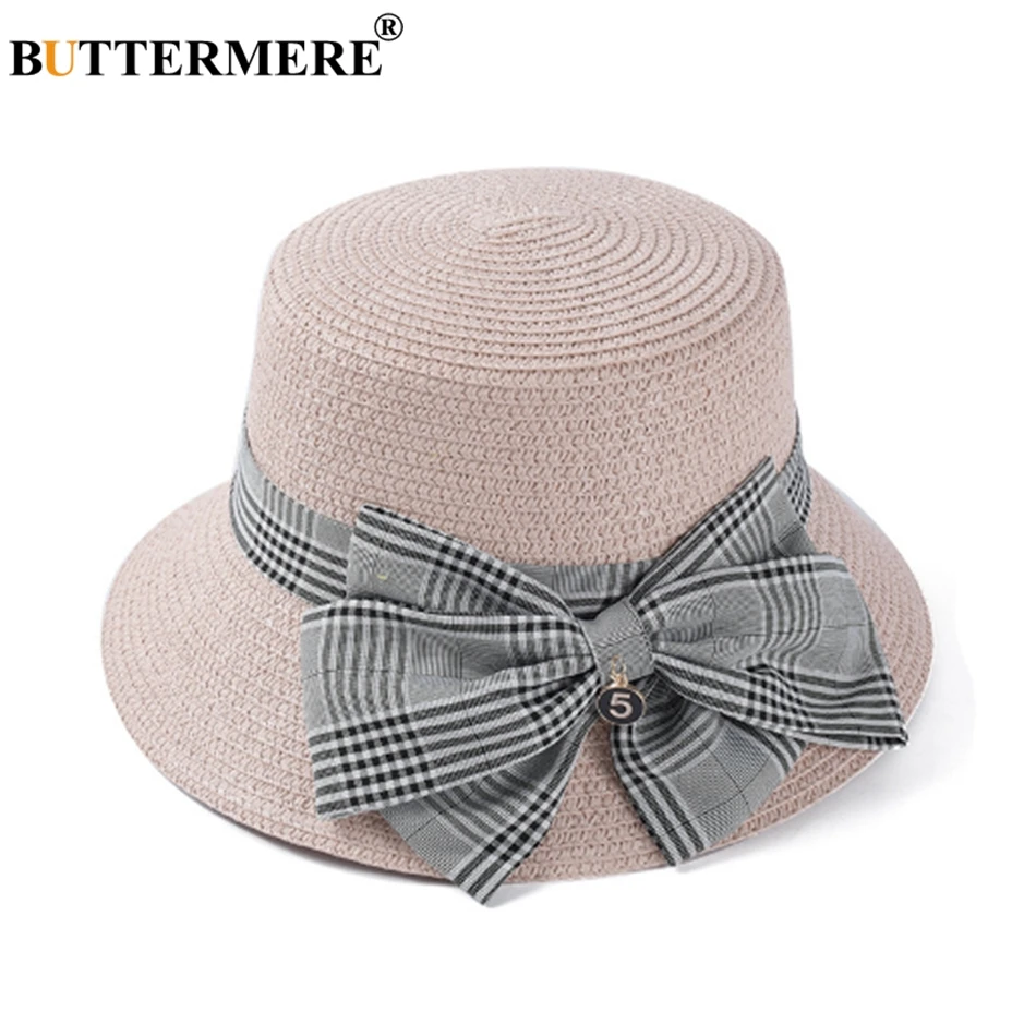 

BUTTERMERE Women Summer Hats Beach Straw Sun Hat Ladies Pink Plaid Bowknot UV Cap Fashion Female British Bucket Hats And Caps