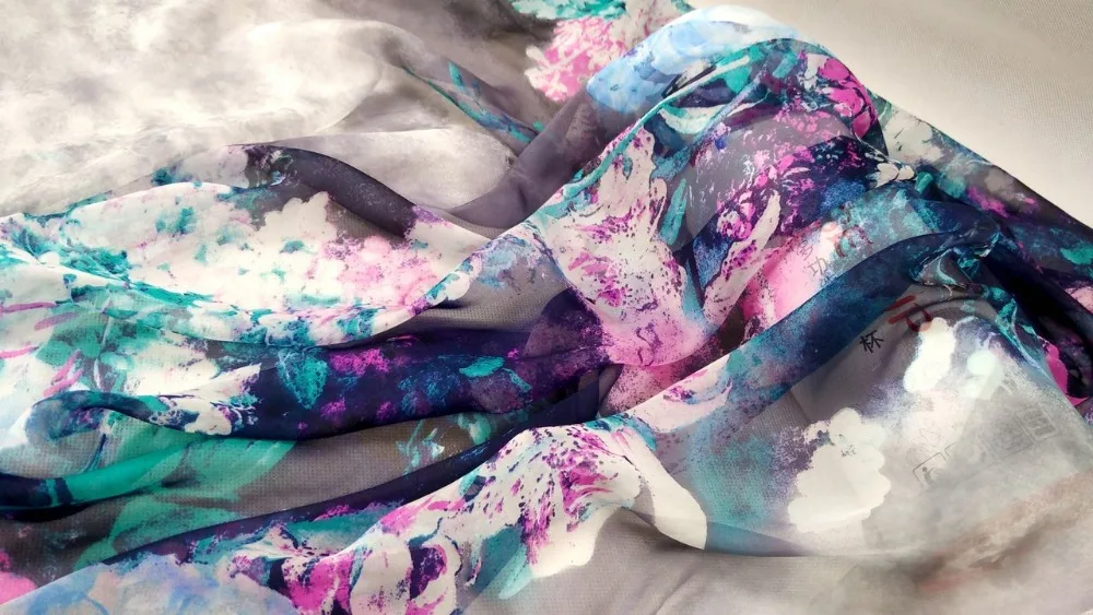 

Designer New 100% mulberry silk chiffon fabric Violet Dandelion flowers prints shirt clothes dresses scarf japan tissus tela