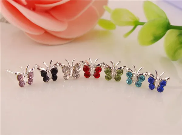 SHUANGR 20 пар/лот 10 цветов блестящие с австрийскими стразами серебристые цвет маленькая бабочка серьги гвоздики украшения для женщин Brincos femme