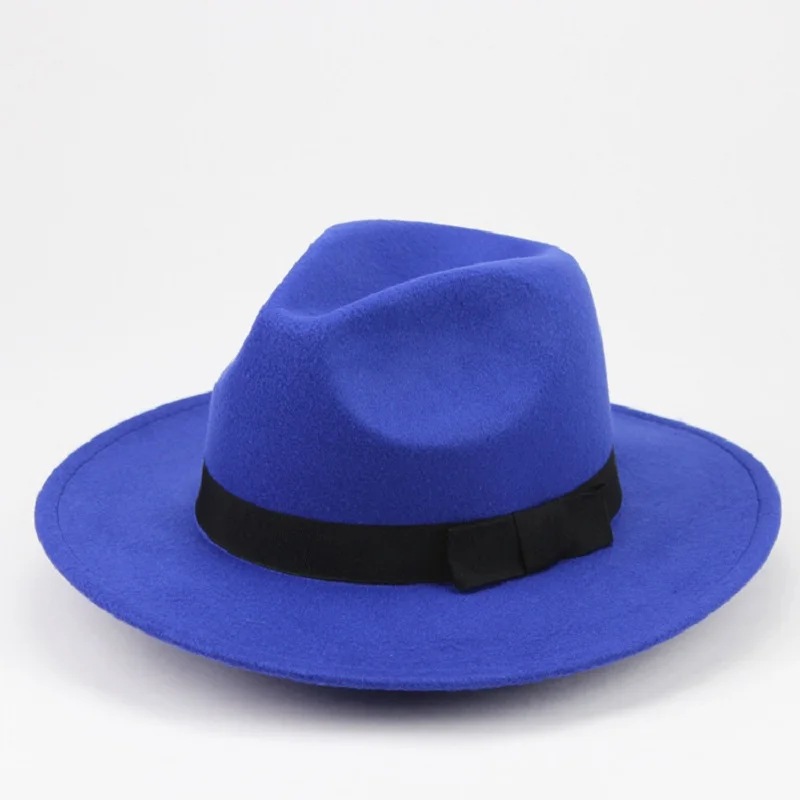 Унисекс шерстяная фетровая шляпа с отделкой из ленты стильные джазовые шляпы фетровая шляпа с широкими полями Кепка s Классическая одноцветная Трилби Кепка для мужчин и женщин - Цвет: Royal blue