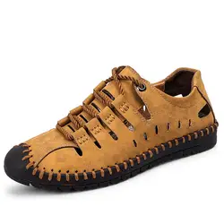 2019 новые кожаные летние Для мужчин; перфорированная ткань свежий дышащие сандалии с завязкой спереди Повседневное пляжные обувь в римском