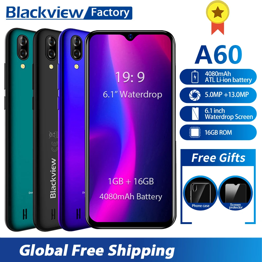

Blackview A60 4080mAh Smartphone Android 8.1 13MP Rear Camera 16GB cell phone MT6580 Quad core 6.1"Waterdrop Screen mobile phone