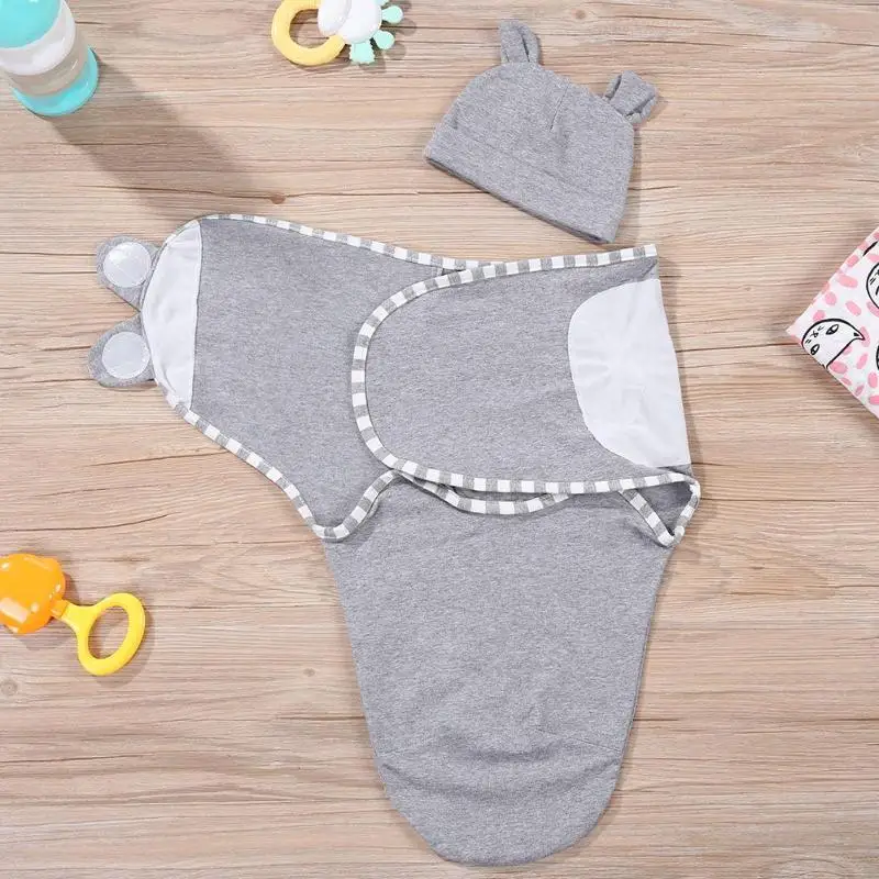 2pcs/set 0-3m Newborn Baby Cotton Cap Swaddle Wrap Soft Infant Hat Blanket Sleeping Bags Sleepsack Envelope Swaddling Bedding