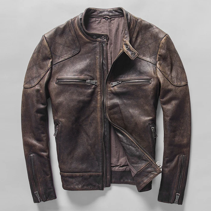 

Beckham same style Men's Genuine Leather jacket Washed Vintage Cowhide Coat Motorcycle Clothing Stand collar Zipper winter coat