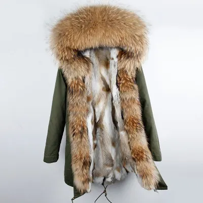 Зимняя женская куртка, пальто из натурального меха енота, воротник из кроличьего меха, Толстая теплая уличная одежда, бренд класса люкс, отстегивается - Цвет: green natural B