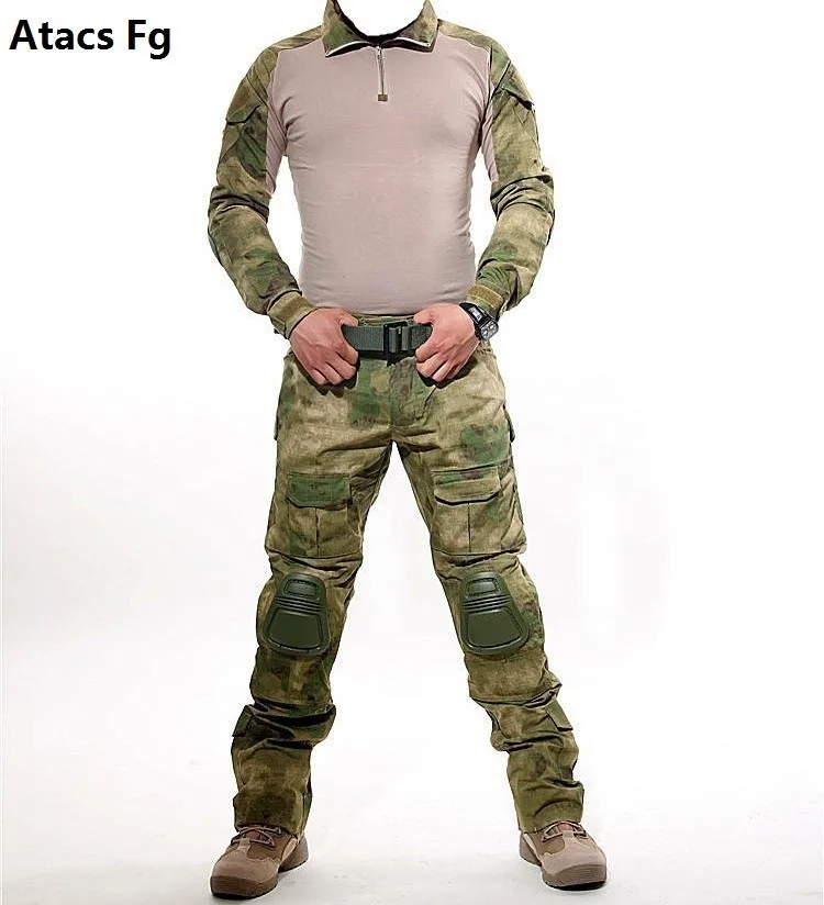 Тактическая куртка камуфляж охота комплекты Для мужчин армейская Спортивная MultiCam Охотничий комплект одежды уличная сорочка брюки карго наколенники охотничьи костюмы - Цвет: atacs fg