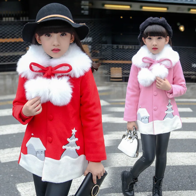 

Winter Detachable Large Fur Collar Girls Outerwear&Coats Children Clothing Christmas Tree Pattern Woolen Long Parka for Teenage