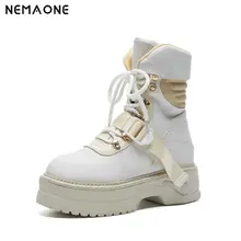 NemaoNe 2018 new arrival genuine leather ankle boots for women lace up platform boots fashion punk Martin boots flat shoes