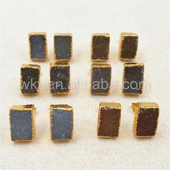 

WT-E264 New Design Stone Rectangle Shape Earrings Natural Druzy Stone Raw Color with 24k gold strim Fashion Stone earrings gift