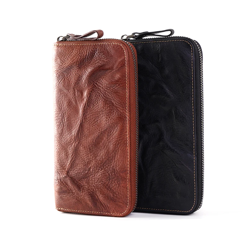 Мужской кожаный бумажник на молнии ручной работы в стиле ретро, модный мужской кошелек Carteira, новейший уникальный кожаный кошелек