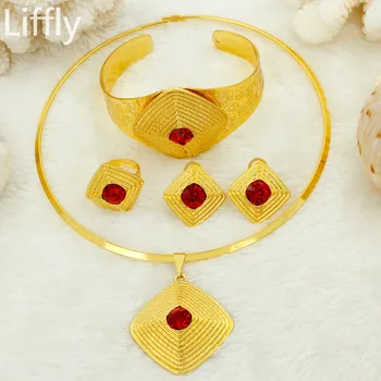 

Liffly High Quality Dubai Gold Women African beads Jewelry Set Red Crystal Pendant Necklace Earrings Fashion Wedding Jewelry