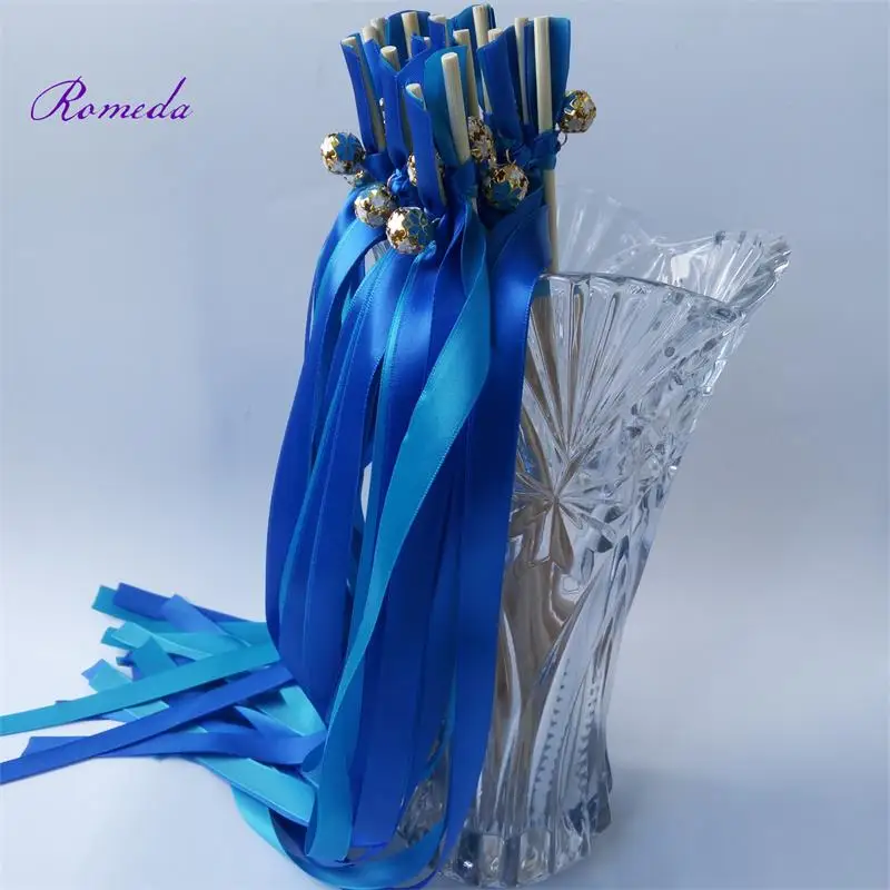 

Newest Design 50pcs/lot Blue wedding ribbon wands with colorfull bell for wedding decoration