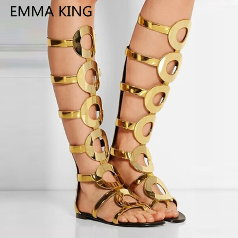 

Gold Circle Women's Gladiator Flat Sandals Open Toe Cut-Out Casual Shoes Woman Summer Knee High Boots Ladies Sexy Sandals Boots