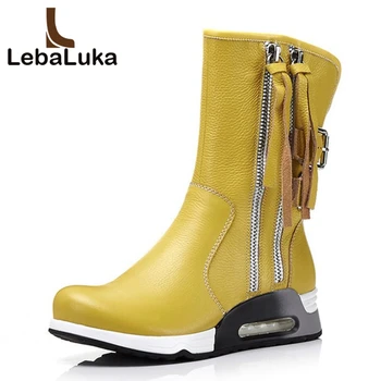 

Tuyoki women Genuine leather boots mid calf platform shoes woman side zipper wedge botas tassel footwear size 34-39