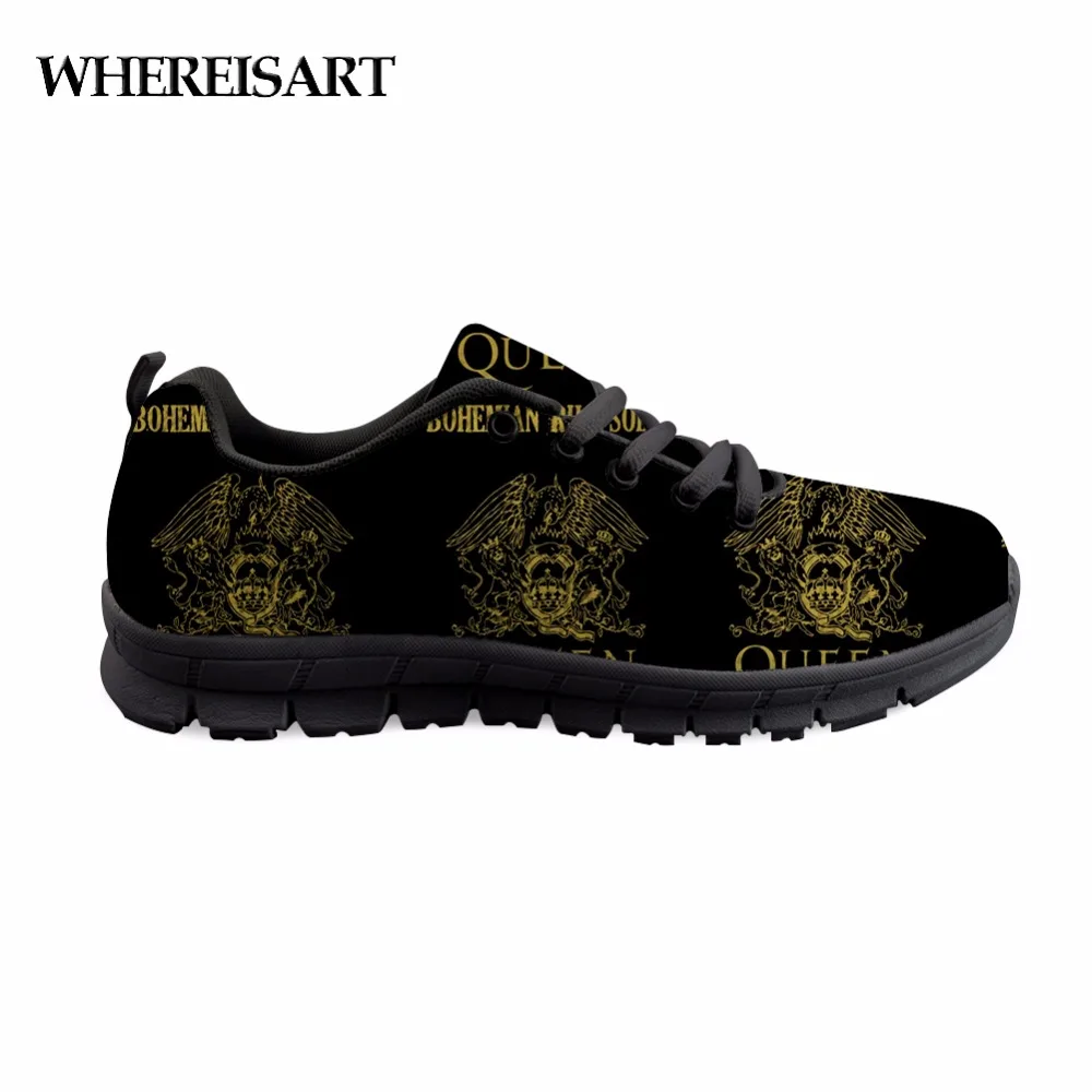 

WHEREISART Black Men Shoes Bohemian Rhapsody Printing Mens Sneakers Flats Breathable Male Boys Letter Queen Black Casual Shoes