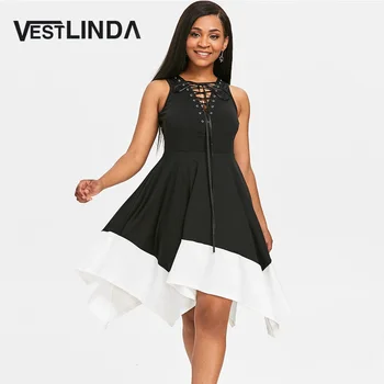 

VESTLINDA Lace-Up Color Block Handkerchief Criss Cross Sleeveless Vest Tank Dress Women Vestidos De Festa Summer Dress 2018 Robe