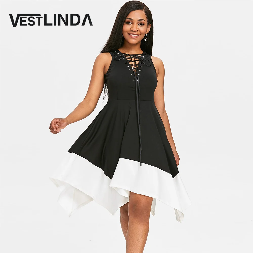  VESTLINDA Lace-Up Color Block Handkerchief Criss Cross Sleeveless Vest Tank Dress Women Vestidos De