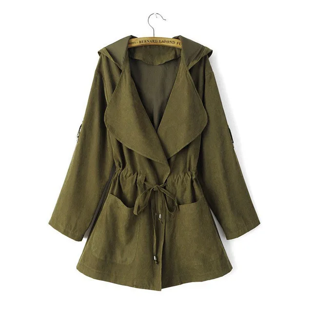 CUHAKCI, новинка, женские куртки с эластичным поясом и карманами, пальто, осенняя верхняя одежда с длинным рукавом, пальто с капюшоном, женская Свободная куртка, повседневные пальто - Цвет: S810 Army Green