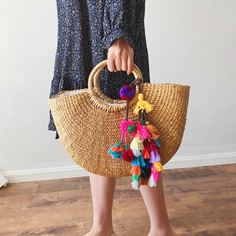 

Burminsa Pompon Straw Basket Bags Women Summer Beach Bag Girls Tassel Rattan Handbags High Quality Ladies Braided Tote Bags 2020