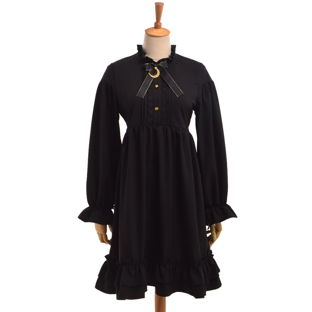 

Girls Gothic Black Lolita Dress Cute Moon Bow Long Sleeve Empire Waist Ruffled Hem
