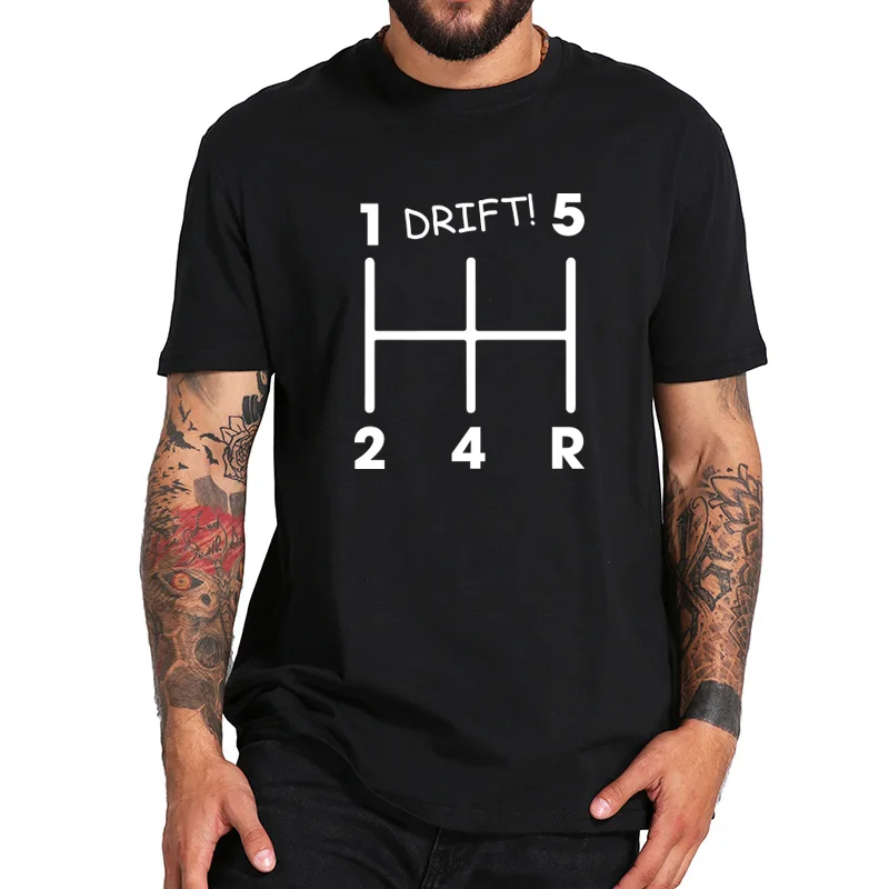 

EU Size 100% Cotton Manual Gear Pattern Drift Car Print Comfortable Short Sleeved Black Fitness Tshirt