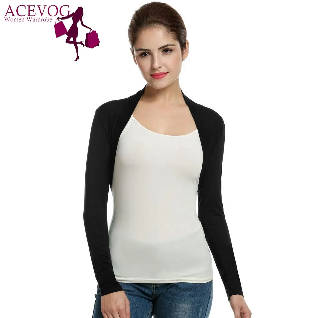 ACEVOG 2019 Women Casual Solid Open Front Bolero Shrug Top Sweater Fashion Long Sleeve Cropped Autumn Sweaters Casaco Feminino