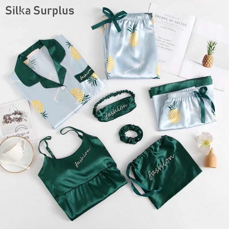 

Silka Surplus Pajamas Silk Satin Femme Pajama Set 7 pcs Stitch lingerie Robe pyjamas Women Sleepwear Pajama Summer autumn 2019