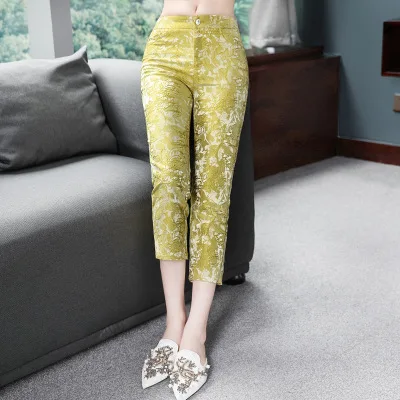 Брюки высокого качества весна лето женские винтажные узкие леггинсы с вышивкой брюки и капри Желтый Белый XXL - Цвет: yellow