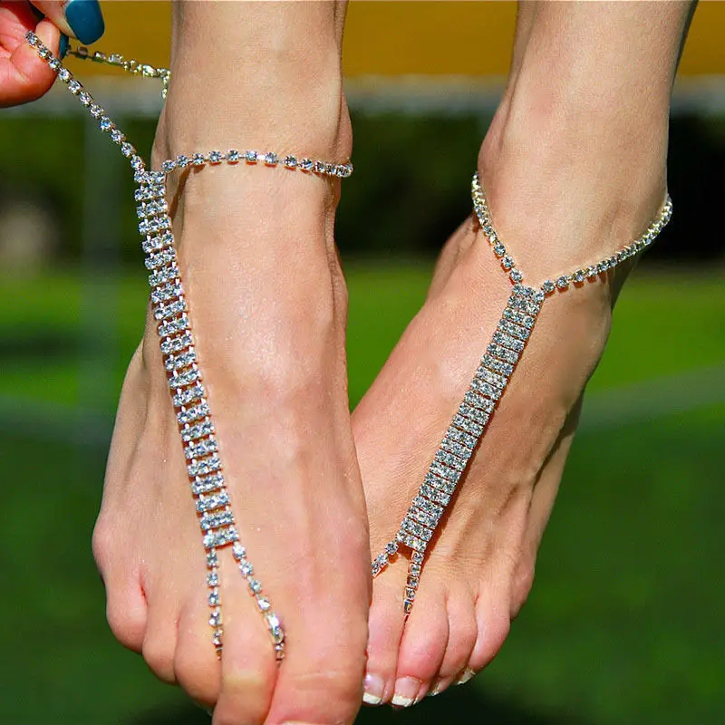 Модные женские пляжные сандалии на щиколотке, украшенные кристаллами и цепочкой; Свадебная обувь для невесты, украшенная бриллиантами; браслет на ногу; подарок для леди