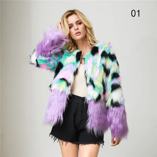 Фиолетовый Fashion Women Faux Fur Coat Winter Thick Warm Fluffy Fur Jacket Elegant Ladies Splicing Colorful Overcoat Hairy Coats Outwear - Цвет: Фиолетовый
