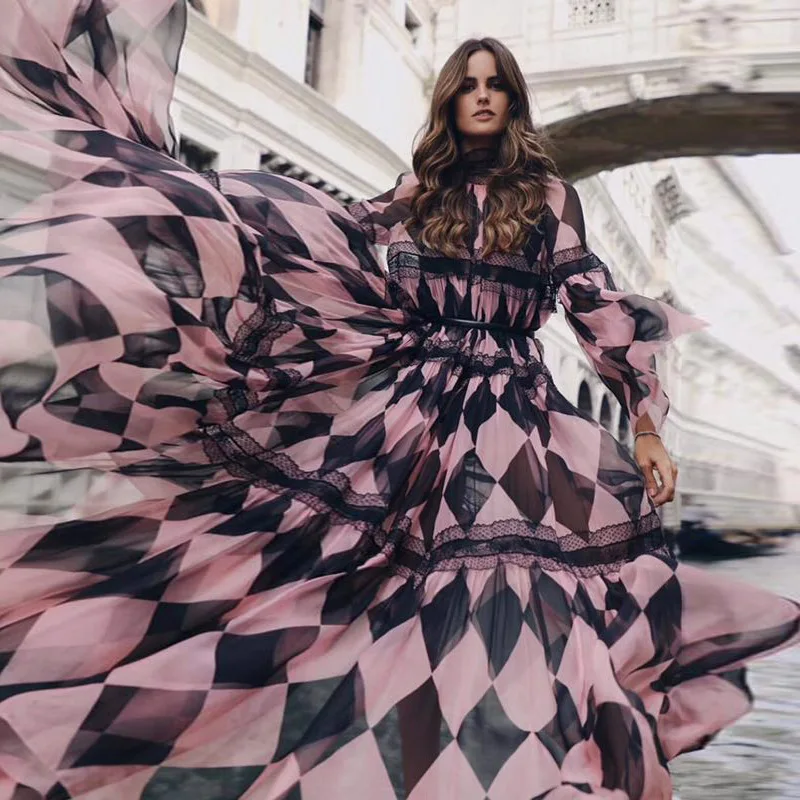 

Spring Summer 2019 High Quality Bohemian Women's Maxi Dress Geometric Printed Color Block Lace Patchwork Long Dresses Jc2940