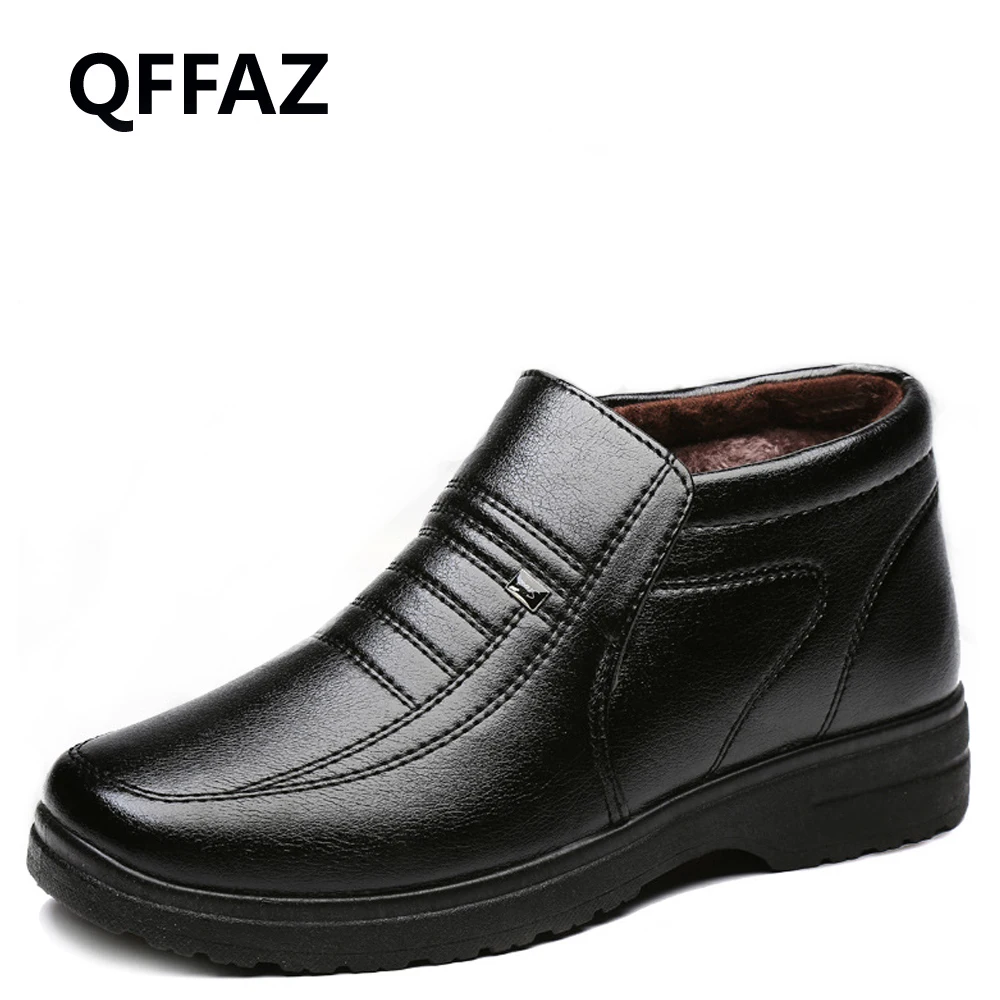 Мужские зимние ботинки QFFAZ черные с плюшевой подкладкой нескользящая подошва
