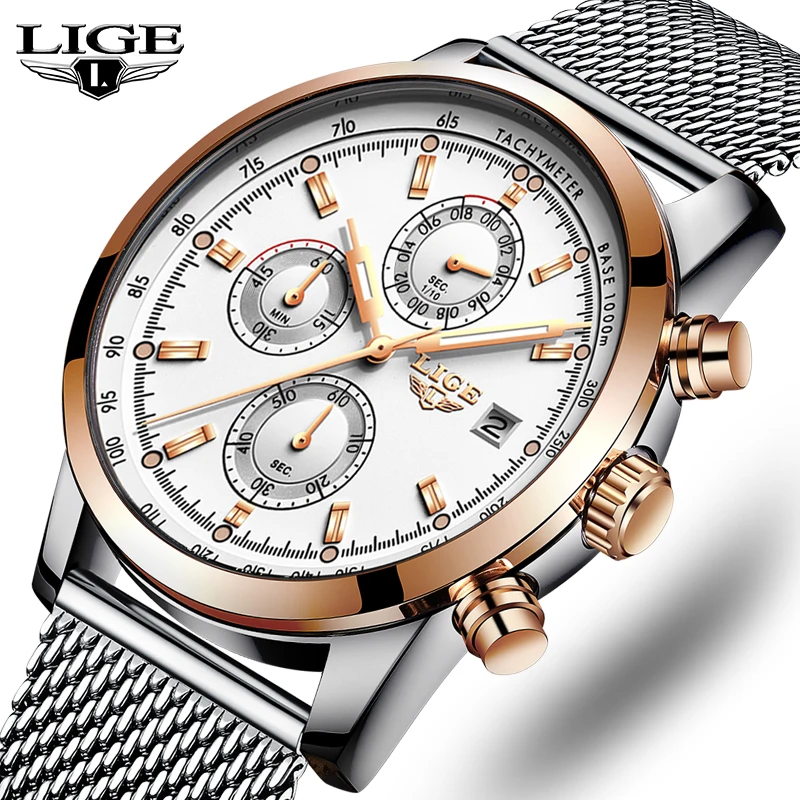 

LIGE Men's Watches Top Brand Luxury Waterproof Sport Watches Full Steel Mesh belt Date Chronograph Quartz Clock Relogio Masculi