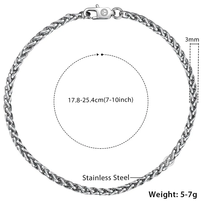 Персонализированные 7-1" гладкие мужские браслеты серебряного цвета из нержавеющей стали пшеничные звенья браслеты мужские ювелирные изделия Хип-Хоп 3-10 мм KBM161