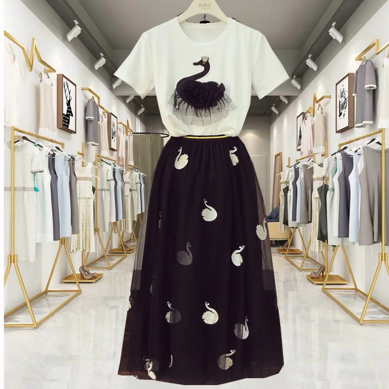 

Summer Newest Appliques Beading Embroidery Swan Long Skirt Suits Women 2 Piece Sets Cotton T-Shirt Top+Mesh Pleated Tulle Skirt