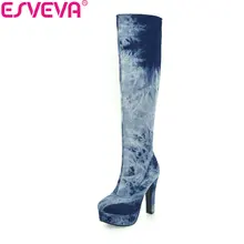 ESVEVA/ г. Для женщин сапоги Высокое качество деним тонкий вид Обувь на теплом меху зимние сапоги до колена высокие сапоги Высокая платформа женские сапоги Размеры 34–43