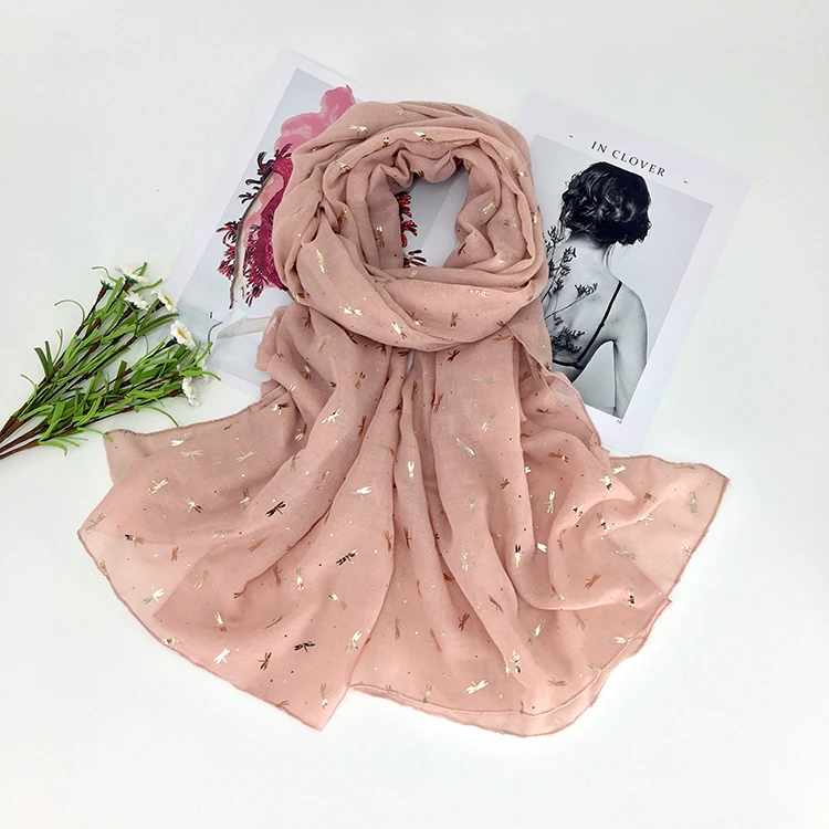 

2017 Women Fashion Gold Foil Scarf Dragonfly Pattern Animal Scarf 4Colors 10pcs/lot
