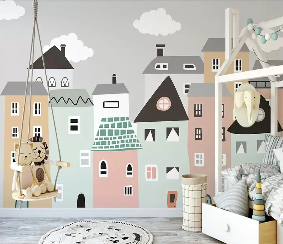 Hand-painted small fresh small house children room bedroom TV background wall 3D wallpaper murals