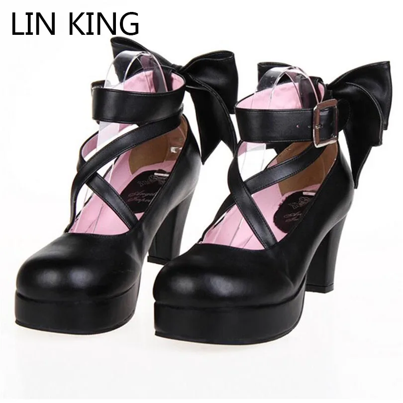 

LIN KING Rome Square Heel Platform Women Pumps Ankle Strap Round Toe Bow-knot Lolita Shoes Buckle Gladiator Cosplay Party Shoes